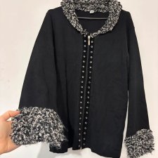 Czarny kardigan vintage grunge z frędzlami tweedowymi, zapinany na suwak z nitami, XXL / 44 / 16