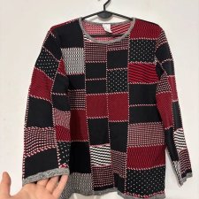 Sweter wzór patchwork czerń czerwień szary bawełna 50% Vintage Boutique Rozmiar M / 38 / 10