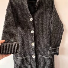 Długi Kardigan/Tunika Szary w Prążek z Guzikami