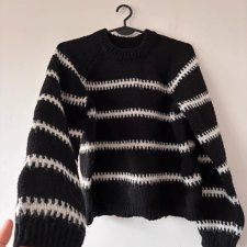 Czarny sweter w paski z bufiastymi rękawami Pieces L gruby miękki oversize ciepły M / 38 / 10·Bardzo dobry·Pieces