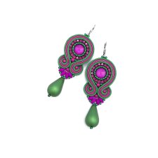 Kolczyki sutasz zielono fuksjowe kolorowe "Cleo" z dużą łezką