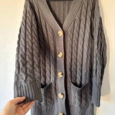 Szary długi kardigan z grubym splotem warkoczowym M / 38 / 10·Bardzo dobry
