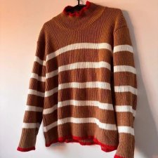 Sweter brązowy w paski z golfem Miękki, przyjemny w dotyku, o luźnym fasonie vintage retro L / 40 / 12