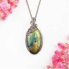 Naszyjnik Labradoryt Owal stal chirurgiczna wisiorek handmade wirewrapping