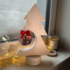 Bombka ze zdjęciem - 8cm + drewniany stojak choinka - ozdoba świąteczna - biała