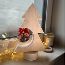 Bombka ze zdjęciem - 8cm + drewniany stojak choinka - ozdoba świąteczna - naturalny