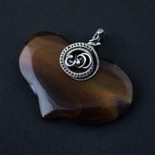 Coralina - czekoladowy agat w kształcie serca, wire-wrapping, srebro oksydowane