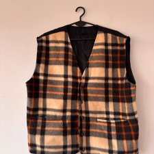 Ciepła kamizelka w kratę beżowo-czarno-pomarańczową, klasyczny model na zatrzaski XL / 42 / 14·Bardzo dobry·Vintage Boutique