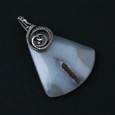 Anhelia - agat z druzą w srebrze, wire-wrapping, duży wisior