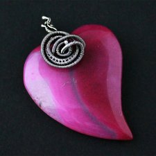 Jemena - srebrny, duży wisior z sercem, różowy agat, wire-wrapping