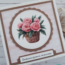 Kartka imieninowa z piwoniami w koszu