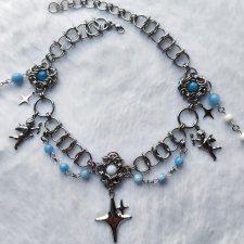 Komplet niebiański naszyjnik + kolczyki chainmaille amorki akwamaryn