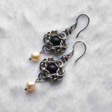 Kolczyki chainmaille PERŁA + drewno 6,6 cm boho elf stal chirurgiczna