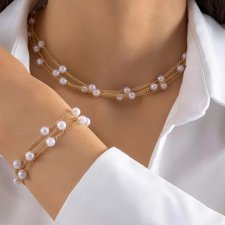 Zestaw Biżuterii Naszyjnik i Bransoletka trzywarstwowy Perły i Złoto