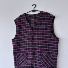 Fioletowa wełniana kamizelka vintage w kratkę, zapinana na guziki, kieszenie, rozmiar xl Xxl