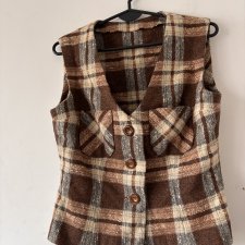 brązowa tweedowa kamizelka w kratę z kieszeniami i dużymi guzikami vintage S m