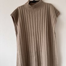 Sweter bez rękawów oversize w prążek, beżowy, wysoki golf – ciepły i miękki Xl xxl