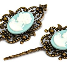 Spinki do włosów wsuwka mosiądz kamea jasny turkus biel
