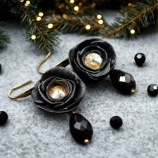 Eleganckie kolczyki czarne kwiaty z kryształami