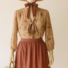 retro style bluzka w ptaki romantyczna wiązanie na szyi mgiełka Cottage