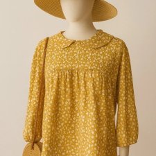 Bluzka vintage żółta w kwiaty z kołnierzykiem retro romantyczna Floral Cottage