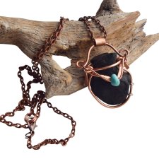 Naszyjnik - wisior z miedzi drewna i turkusu /5/