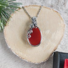 Naszyjnik Agat Czerwony "Świąteczne Ciepło" stal chirurgiczna wisiorek handmade wirewrapping