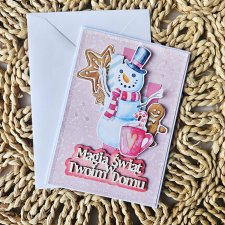 Kartka bożonarodzeniowa z bałwanem w różowym kolorze