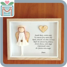 ANIOŁEK w białej ramce handmade prezent pamiątka chrzest komunia narodziny święta biały modlitwa Anioł Stróż