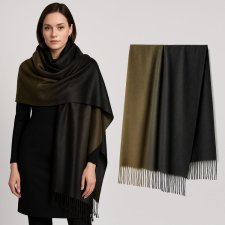 Duży, efektowny  szal ombre z frędzlami w odcieniach zieleni i czerni, elegancki i ponadczasowy Hp217