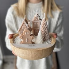 Ręcznie robione duże świece sojowe w drewnie– zimowa świąteczna dekoracja w drewnianej misie