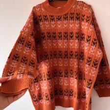 Rdzawy sweter z warkoczami i kolorowym wzorem 7XL / 54 / 26·Bardzo dobry·Vintage Love