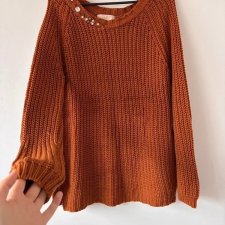 Ciepły sweter w kolorze terakoty z ozdobnym dekoltem miękki, gruby splot XL / 42 / 14·Bardzo dobry·Fashion