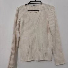 Ecru włoski sweter premium Le Tricot Longhin, prążkowany, dekolt V, Made in Italy M / 38 / 10·Bardzo dobry·Made In Italy