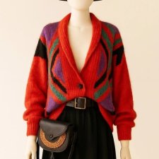 Vintage czerwony sweter moher wzory unikat lata 80te