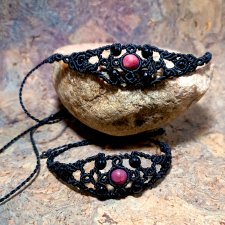 Komplet Pandorki czarny ażurowy agat z onyksami w makramie bocho chic