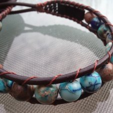 Miniatury Planet w Jaspisie - skóra i kamienie - ręcznie wykonana bransoletka dla kobiety lub dla mężczyzny na prezent świąteczny