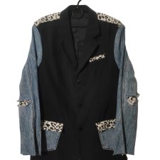 Upcycled marynarka pinstripe denim patch leopard print rękawy one-of-a-kind M