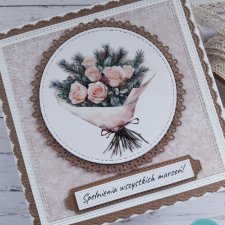 Kartka urodzinowa (lub na inną okazję) z zimowymi różami i gałązkami świerku