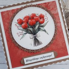 Kartka urodzinowa (lub na inną okazję) z bukietem czerwonych tulipanów