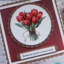 Kartka imieninowa (lub na inną okazję) z bukietem czerwonych tulipanów