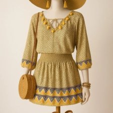 Żółta bluzka tunika boho chwosty letnia lato Hippie