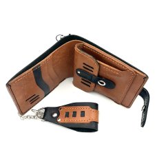 Czarny portfel skórzany na bilon ręcznie uszyty z łańcuszkiem.