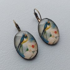 Kolczyki szklane kaboszony grafika ptaki