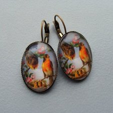 Kolczyki szklane kaboszony grafika ptaki