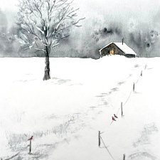 Zimowy dzień we wsi  originalna akwareli A4