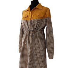 Koszula tunika sukienka w kratę z długim rękawem z kołnierzykiem musztardowa