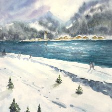 Jezioro w Alpach. 42*30 cm Original Akwarela