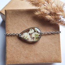 Bransoletka z żywicy łezka srebrna kwiaty białej gipsówki