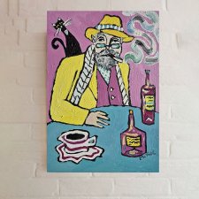 obraz do salonu olejny portret dziadka wieczór przy niebieskim stole